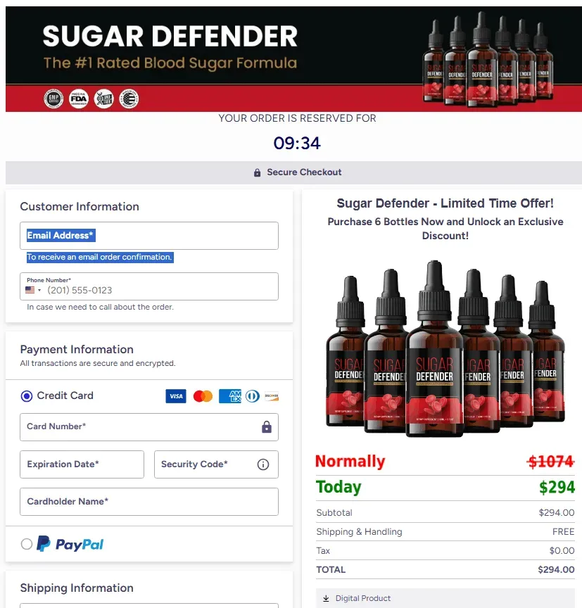 Sugar Defender product shown on checkout page